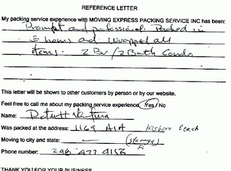 recommendation letters, testimonials, packing services inc