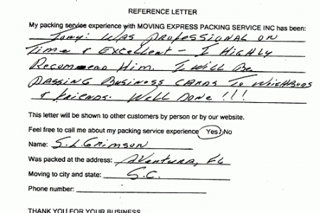 recommendation letters, testimonials, packing services inc