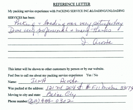 recommendation letters, testimonials, packing services inc