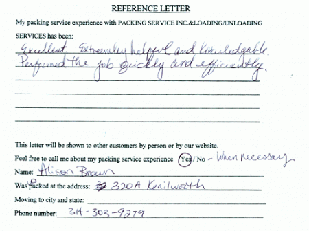recommendation letters, testimonials, packing services inc