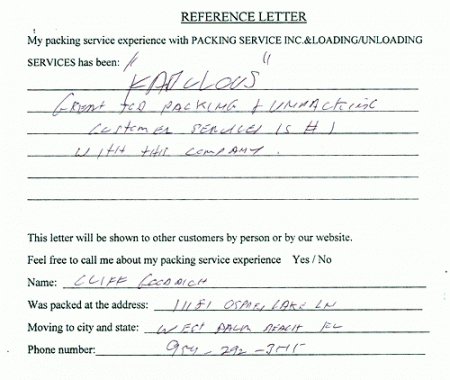 recommendation letters, testimonials, packing services inc