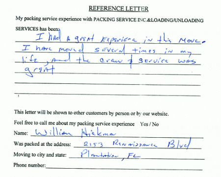 recommendation letters, testimonials, packing services inc