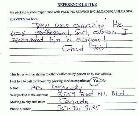 recommendation letters, testimonials, packing services inc