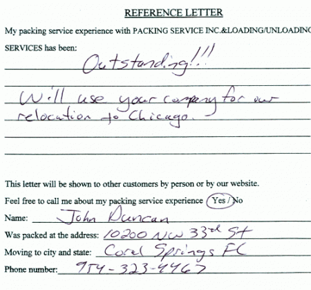 recommendation letters, testimonials, packing services inc