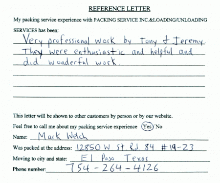 recommendation letters, testimonials, packing services inc