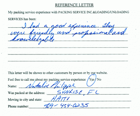 recommendation letters, testimonials, packing services inc