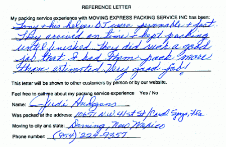 recommendation letters, testimonials, packing services inc
