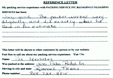 recommendation letters, testimonials, packing services inc