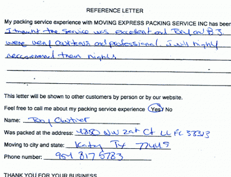 recommendation letters, testimonials, packing services inc