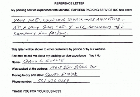 recommendation letters, testimonials, packing services inc