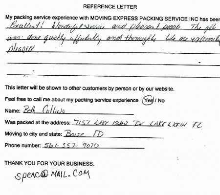 recommendation letters, testimonials, packing services inc
