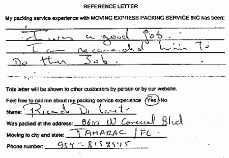 recommendation letters, testimonials, packing services inc