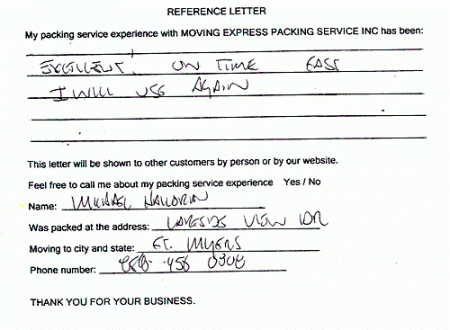 recommendation letters, testimonials, packing services inc