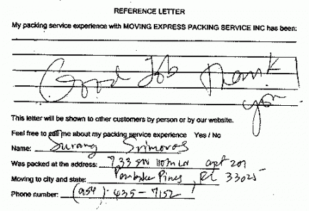 recommendation letters, testimonials, packing services inc