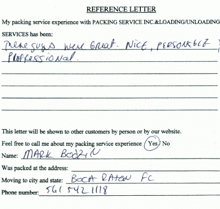 recommendation letters, testimonials, packing services inc