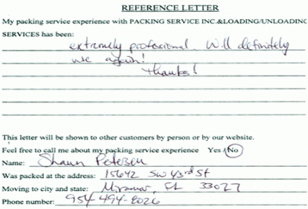 recommendation letters, testimonials, packing services inc