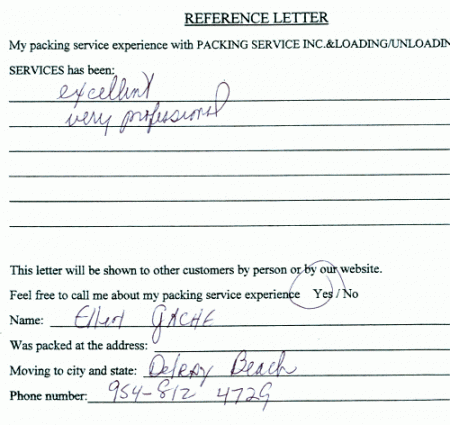 recommendation letters, testimonials, packing services inc