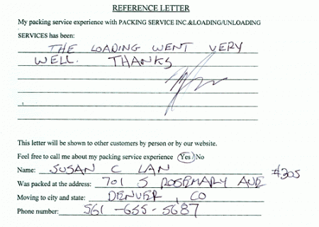recommendation letters, testimonials, packing services inc