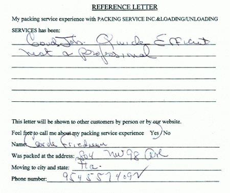recommendation letters, testimonials, packing services inc