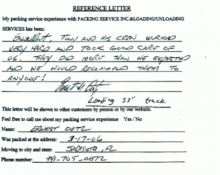 recommendation letters, testimonials, packing services inc