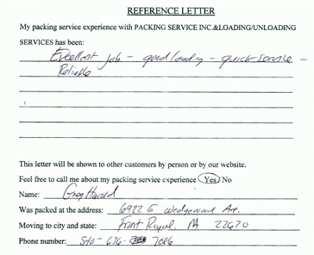 recommendation letters, testimonials, packing services inc