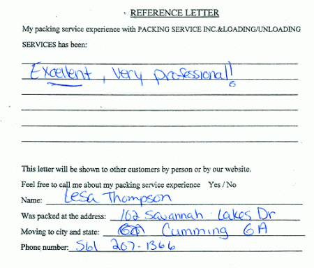 recommendation letters, testimonials, packing services inc