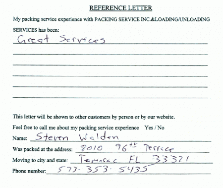 recommendation letters, testimonials, packing services inc