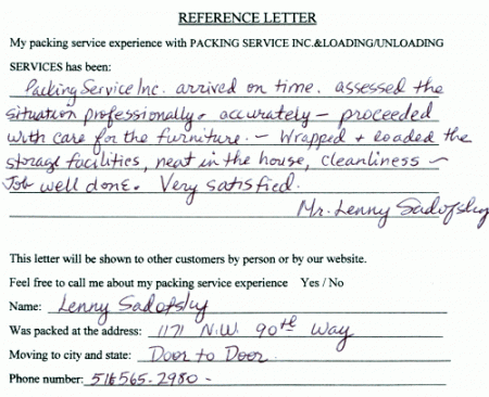 recommendation letters, testimonials, packing services inc