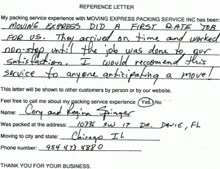 recommendation letters, testimonials, packing services inc