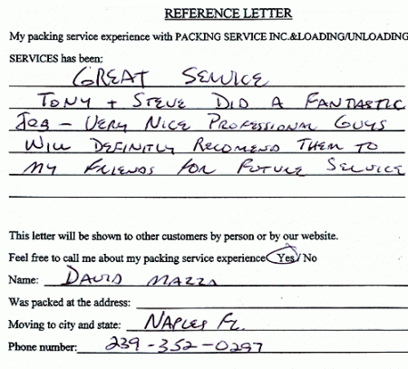 recommendation letters, testimonials, packing services inc
