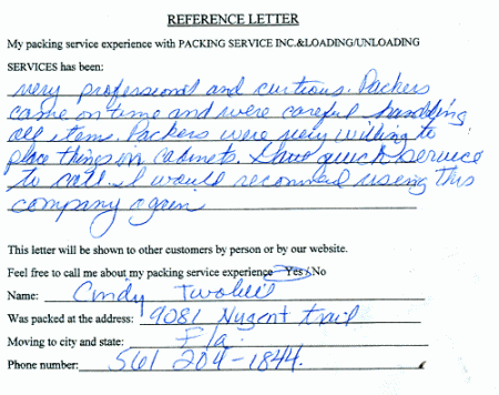 recommendation letters, testimonials, packing services inc