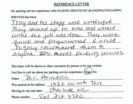recommendation letters, testimonials, packing services inc