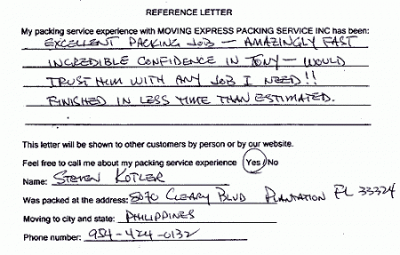 recommendation letters, testimonials, packing services inc